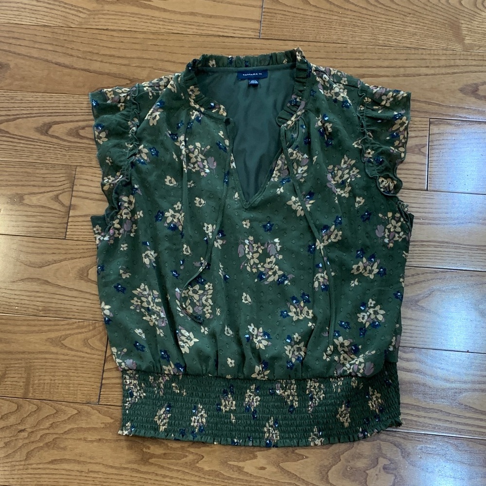 💛2/$20 Women's Tamara H Green Floral Ruffle Sleeve Blouse XL